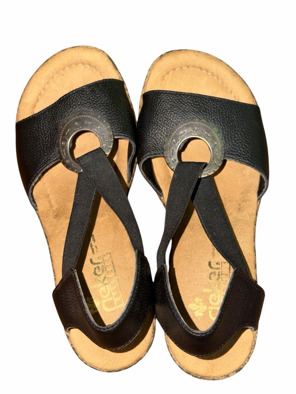 Rieker Black Leather Sandals with Silver Decorative Ring Size 38